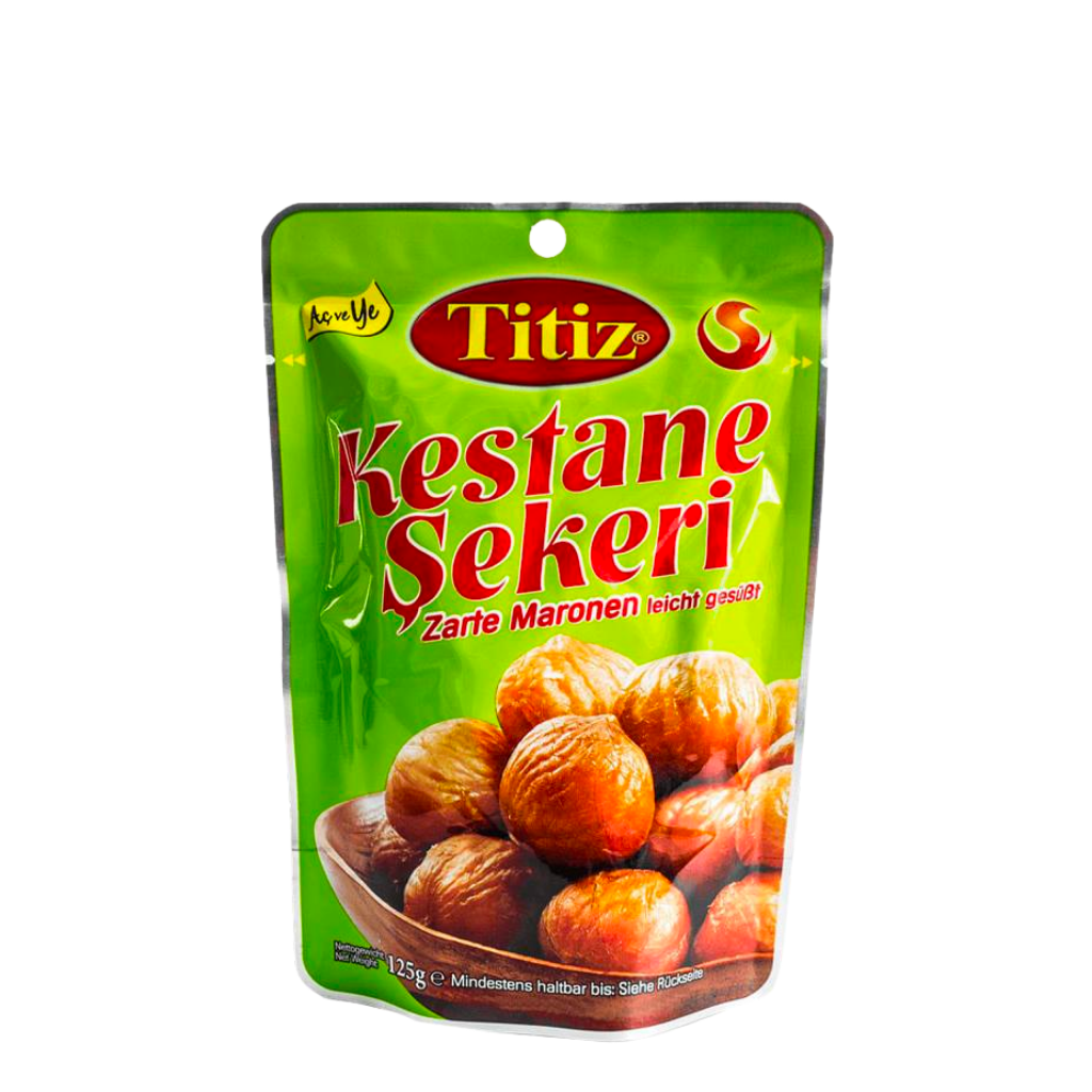 Titiz Maronen, geschälte, geröstete und leicht gesüßte Esskastanien, essfertig und vorgekocht 125 GR